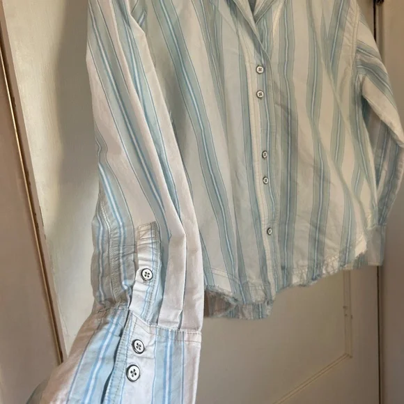 We The Free Button Down Striped Light Blue White Kelia Trapeze Boho Shirt Medium - Picture 8 of 16